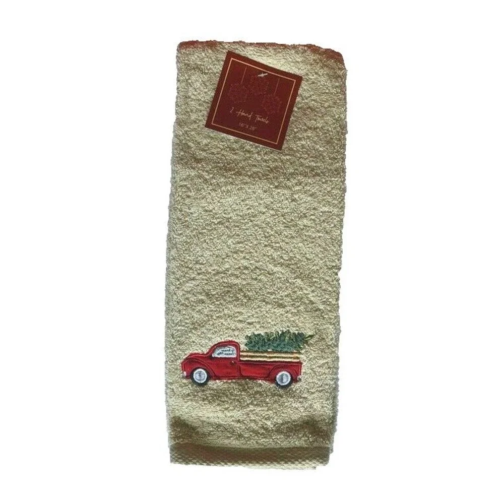 Christmas Tree Red Farm Truck Hand Towels Embroidered Bathroom 16x28 Set of 2
